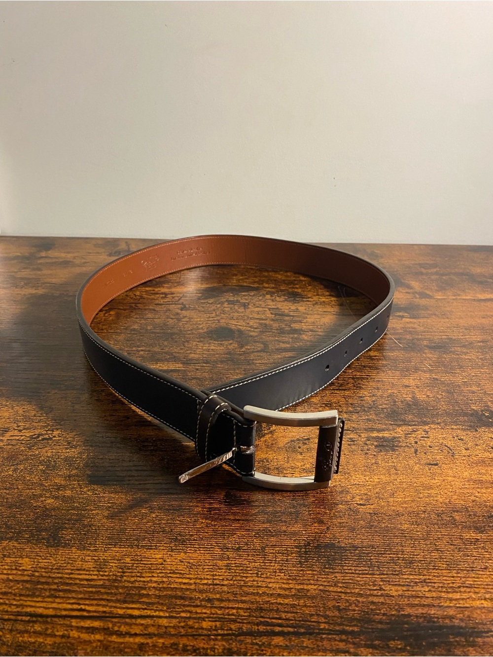 Original Penguin Navy Leather Belt with Brushed Metal Buckle